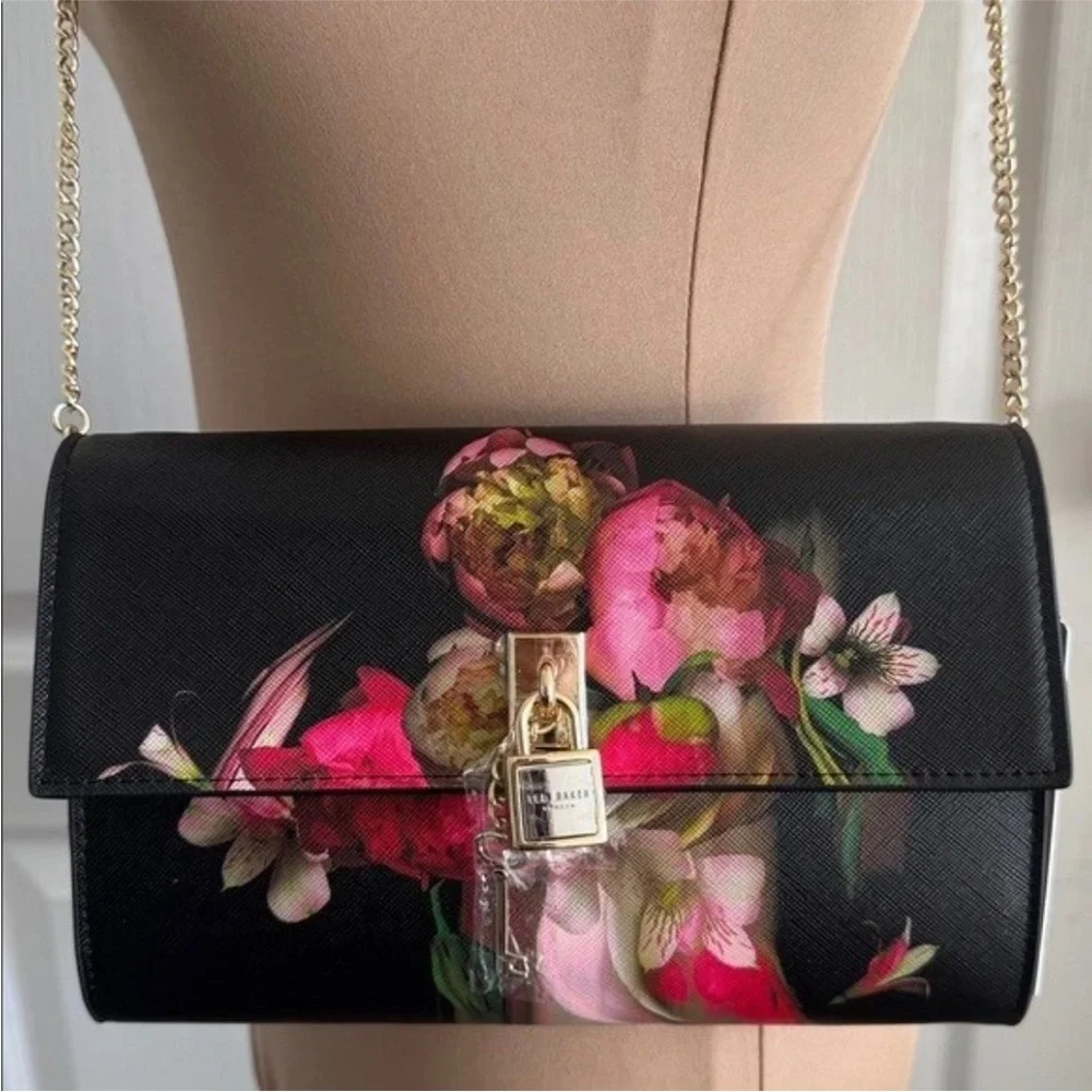NWT Ted Baker London Cyra Floral Metallic Clutch Crossbody Bag Black Gold Chain